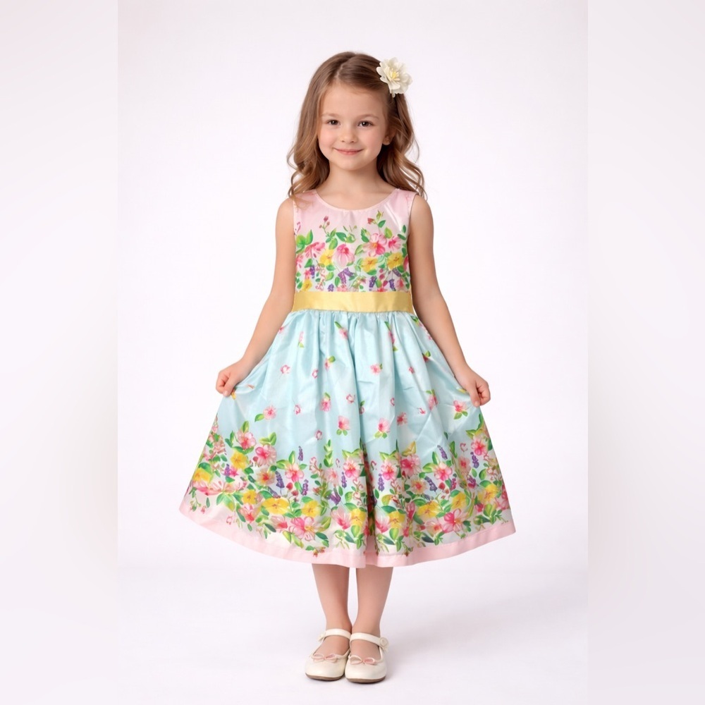 Nannette Little Girls Fancy Dress Size 6 Silky Floral Fluffy Sleeveless Sash Zip